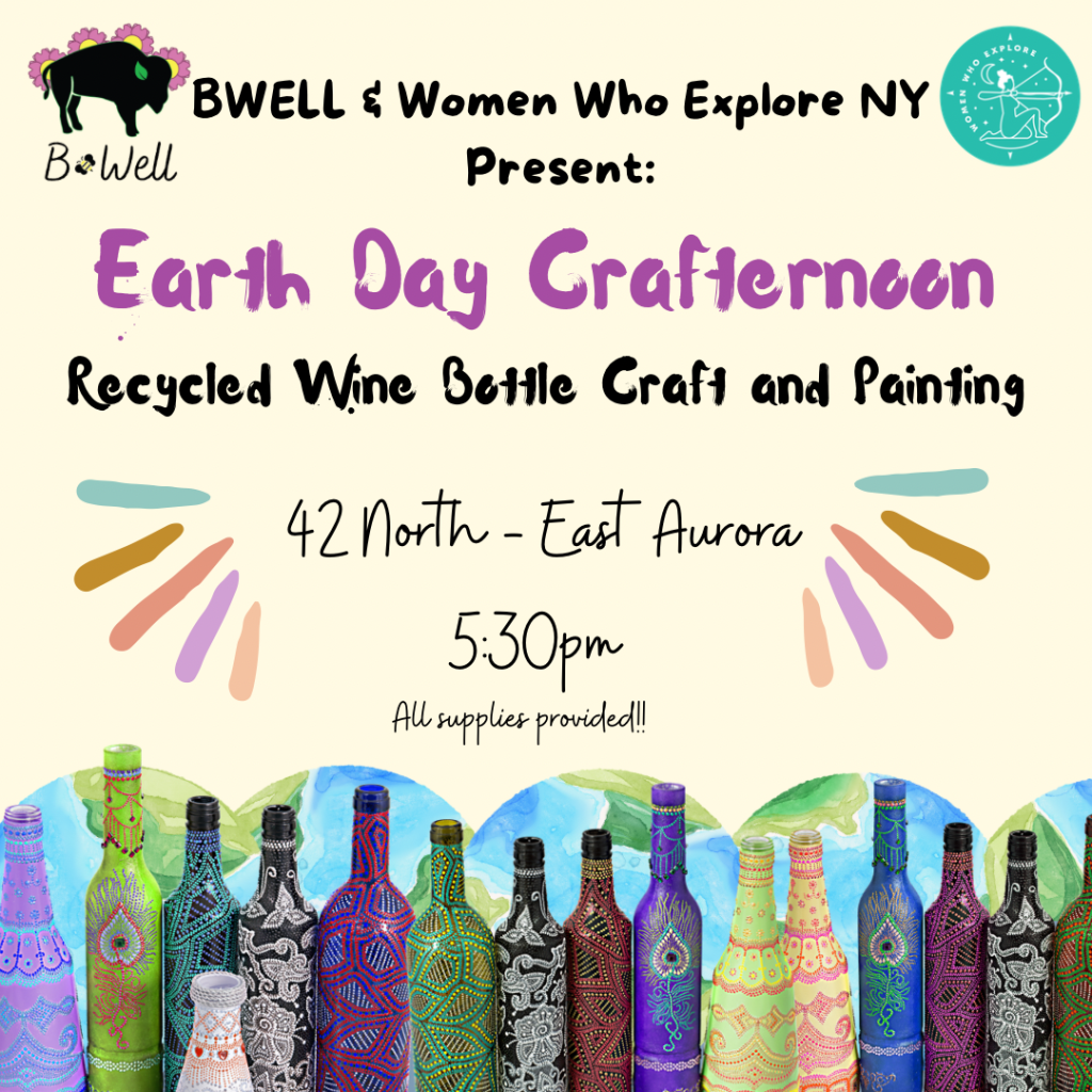 Promotional poster for an Earth Day crafting event featuring recycled wine bottle painting. Includes event details like time and location.