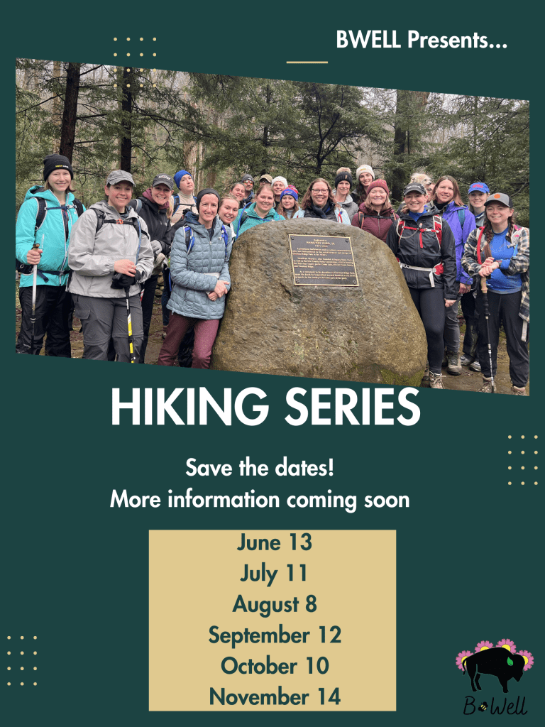 Group of hikers posing in front of a stone monument in a forest setting, promoting a hiking series with specific dates listed.